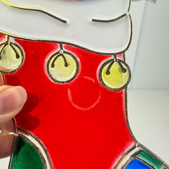 Vtg Plastic Suncatcher Christmas Holiday Red w Gold Stocking 10 inch Gift Co Inc - Picture 4 of 10